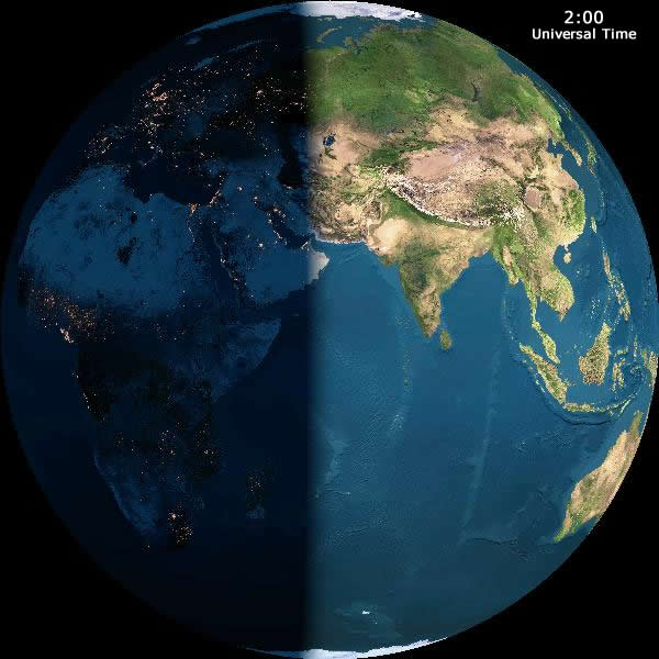 O dia e a noite da Terra como seria visto do espaço sem as nuvens às 02:00 GMT